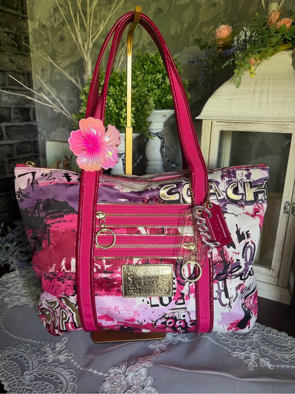 Y2K Coach Hot Pink Graffiti Glam Tote bag Purse 14987
